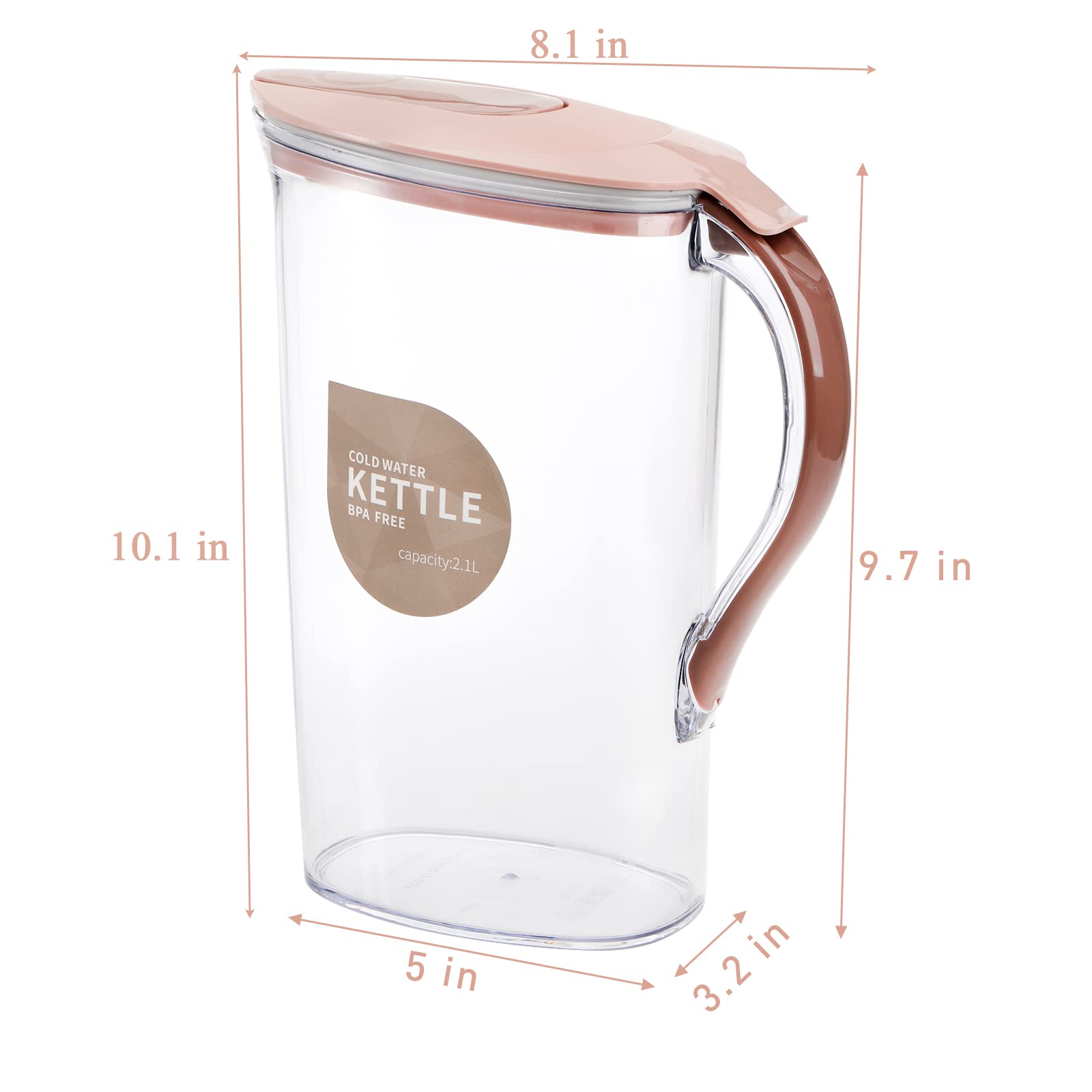 Coloch Paquete de 2 jarras de agua de plástico de 2 litros con tapa de boquilla abatible, recipientes de agua delgados transparentes para puerta de nevera, jarra de jugo con línea de escala para té