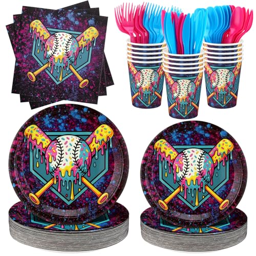 FoldTier 350 Pcs Black Ice Cream Drip Baseball Birthday Party Decorations Set Ice Cream Paper Plates Napkins Fork Set Disposable Fairy Tableware Decorations Supplies for Baby Shower Dinner Serves 50 by FoldTier - Used condition - US$29.12