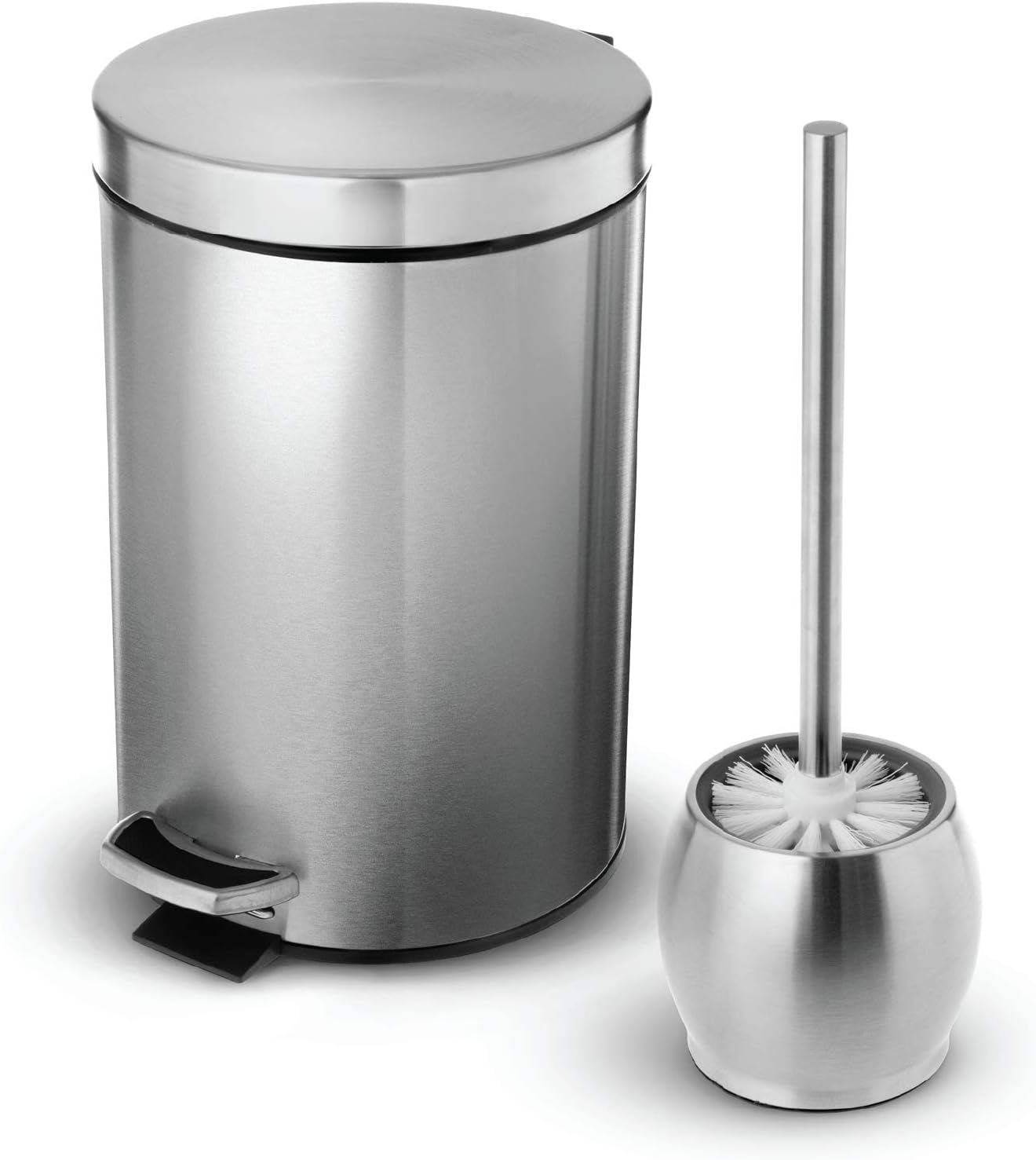 Home Zone Living Bathroom Trash Can and Toilet Brush Combo, Stainless Steel, 7 Liter, Silver, 1.8 Gallon Round (VA41863A)