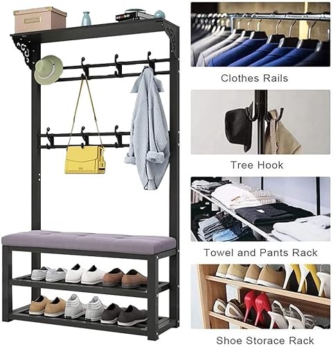 Miniatura 8 de Heavy Duty Clothes Rails, Freestanding Hallway Tree with Bench and Top Shelf, Clothes Rack with Shoe Rack, Industrial 4 in 1 Metal Coat Rack for