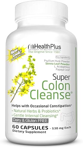 Health Plus Super Colon Cleanse Psyllium with Herbs Capsules 60 ea Paquete de 12