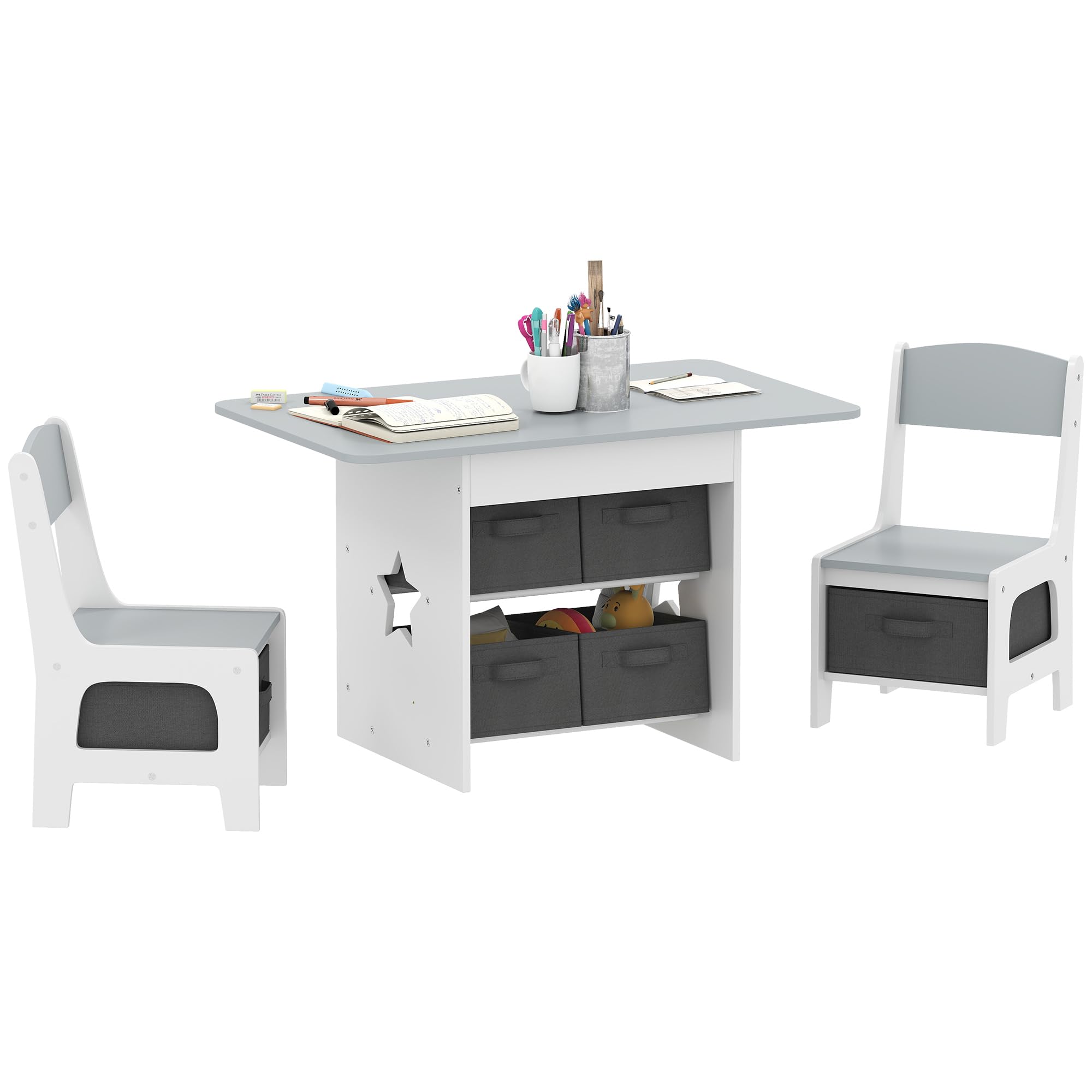 AIYAPLAY Set Tavolo e 2 Sedie per Bambini 3-8 Anni con 6 Cassetti Pieghevoli, Tavolino per Bambini con Sedie in Legno e Contenitori Portaoggetti in Tessuto non Tessuto, per Cameretta, Grigio e Bianco