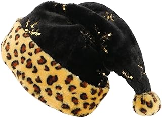 Fluffy Black Leopard Santa Hats, Black & White Deluxe Adults Santa Hat for Black Christmas Theme Costume Party and Holiday Event