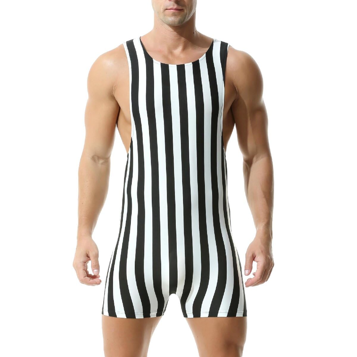 Camiseta de tirantes para hombre a rayas de una sola pieza de lucha libre atlética Leotard Gym Sportswear Undershirt