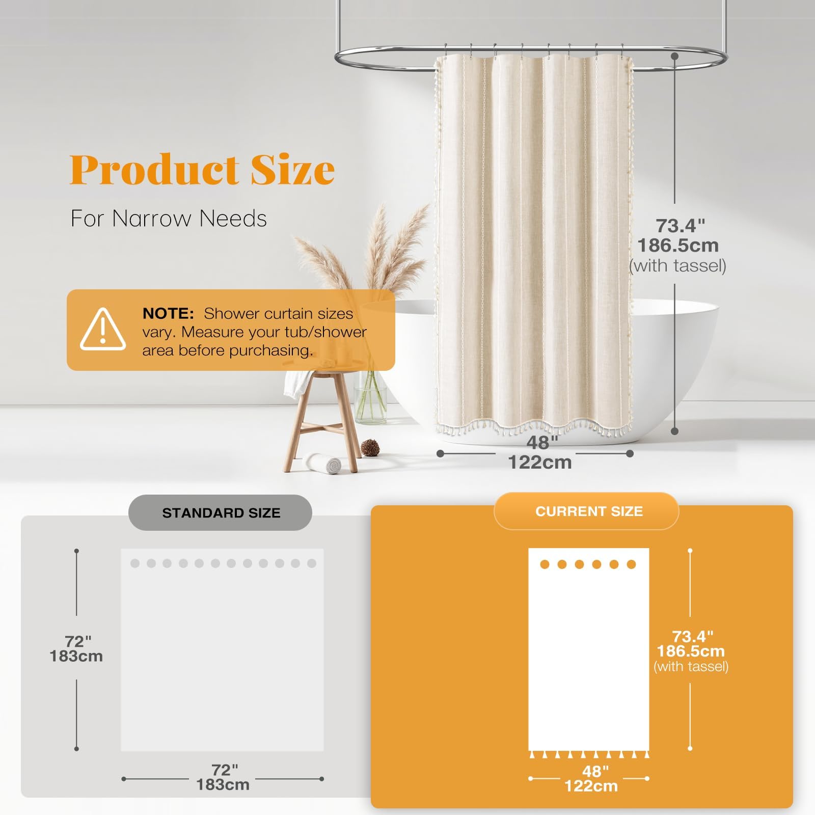 BTTN 122 x 182cm Boho Farmhouse Shower Curtain, Narrow Stall Fabric Tassel Shower Curtain Set including 8 Plastic Hooks - Image 2