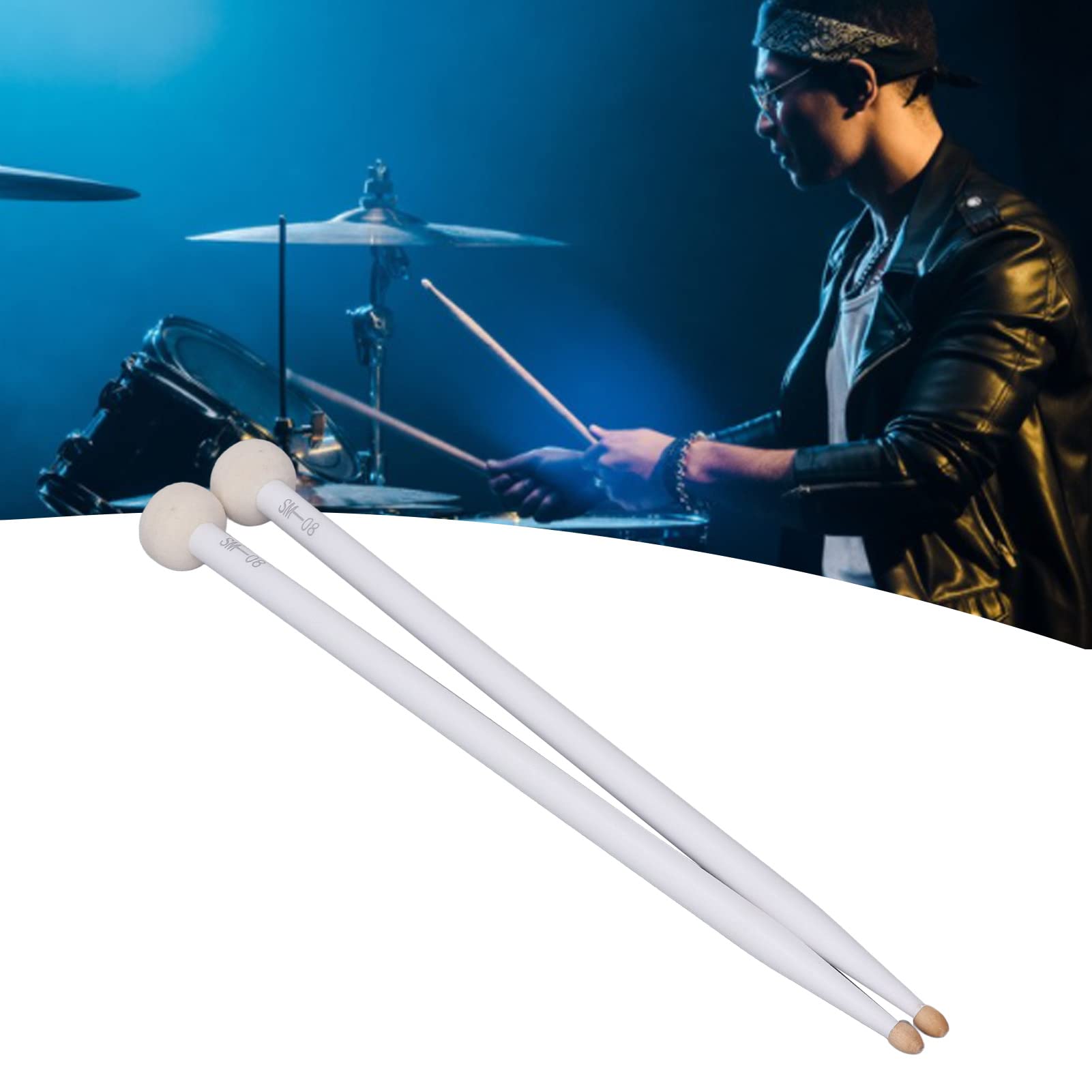 2Pcs Drum Mallet Felt Head, Wooden Handle Non Slip Instrument Accessory Set Kit Drumsticks for Playing Drumsticks, Mallets & Brushes (White)