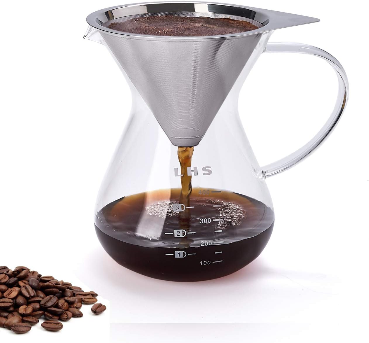 LHS Pour Over Coffee Maker Paperless Reusable Stainless Steel Filter and BPA-Free Glass Carafe -Hand Coffee Dripper Brewer Pot - 13.5 Ounce/ 400 ml …