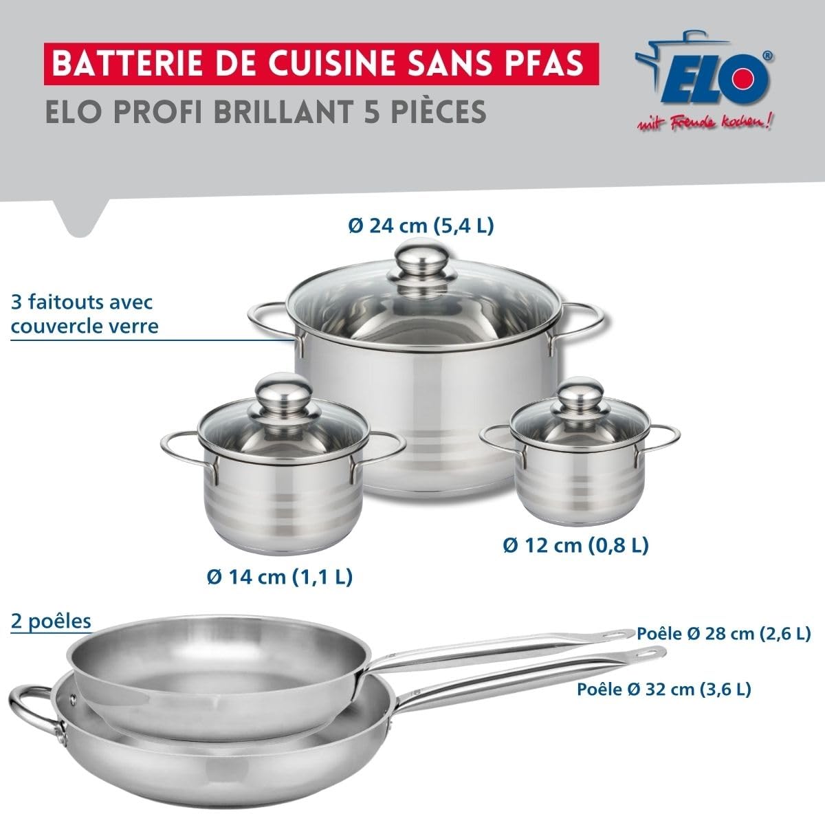 ELO 9883150 Naczynia kuchenne 5 sztuk, zestaw 2 patelni 28 i 32 cm i 3 rondli 12, 14 i 24 cm Elo Profi Brilliant, stal nierdzewna, indukcyjna
