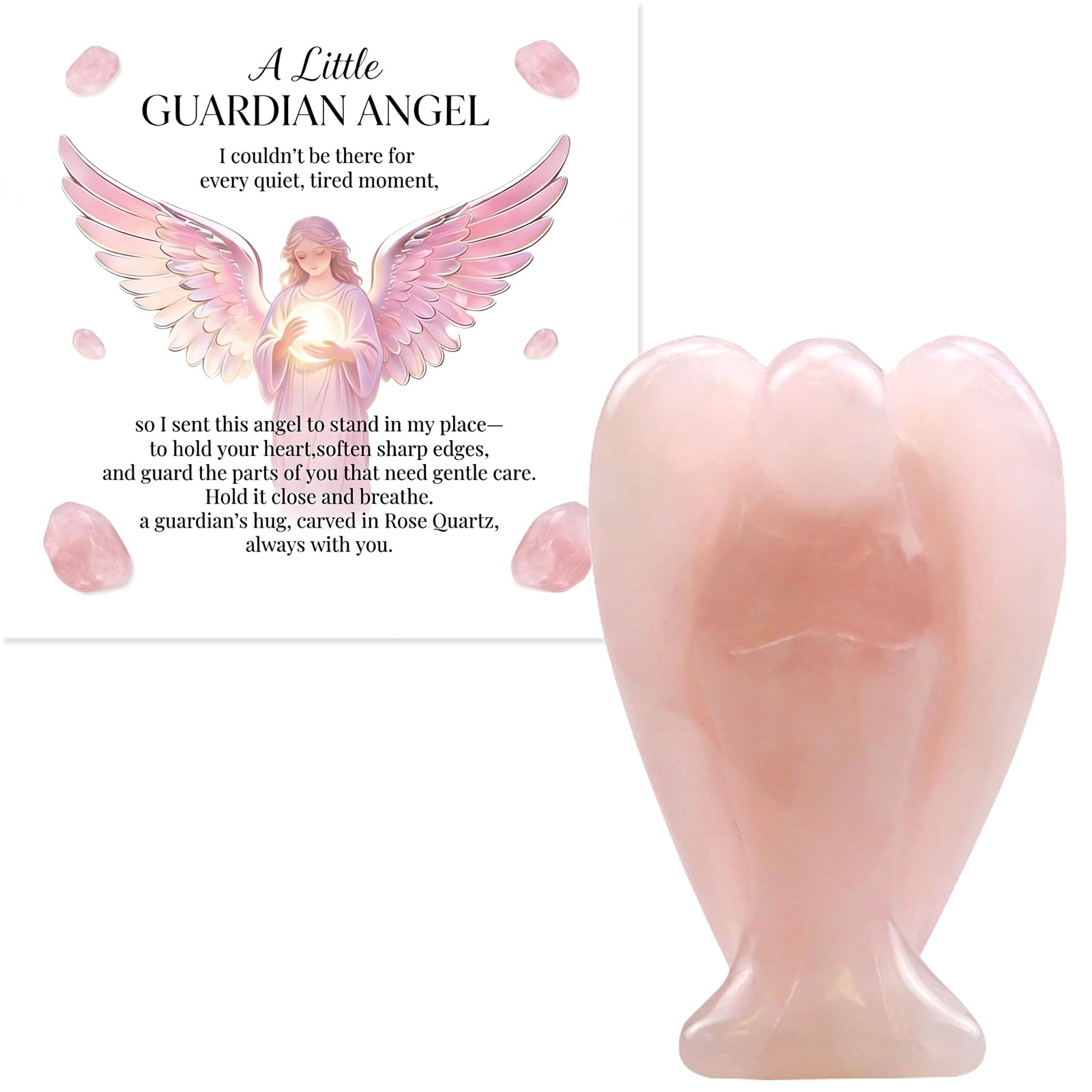 Rose Quartz Guardian Angel Healing Crystal Gifts for Women, Whispering Angel Ornament Figurine with Card, Inspirational Grief Sympathy Gift for Room & Desk Decor