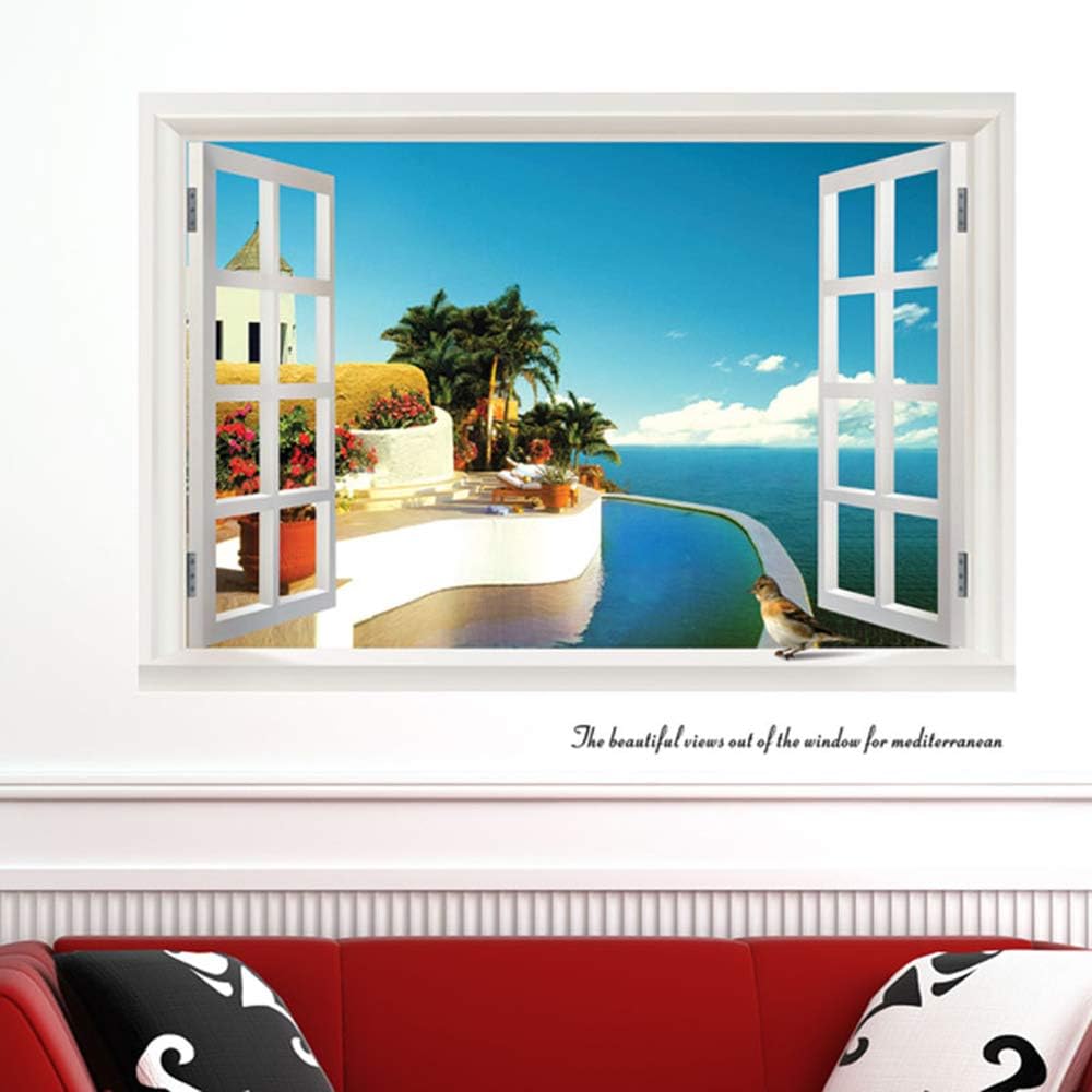 Sucis 3D Window Beach Scenery Removable Wall Art Sticker Decal Home Kid Room Decor