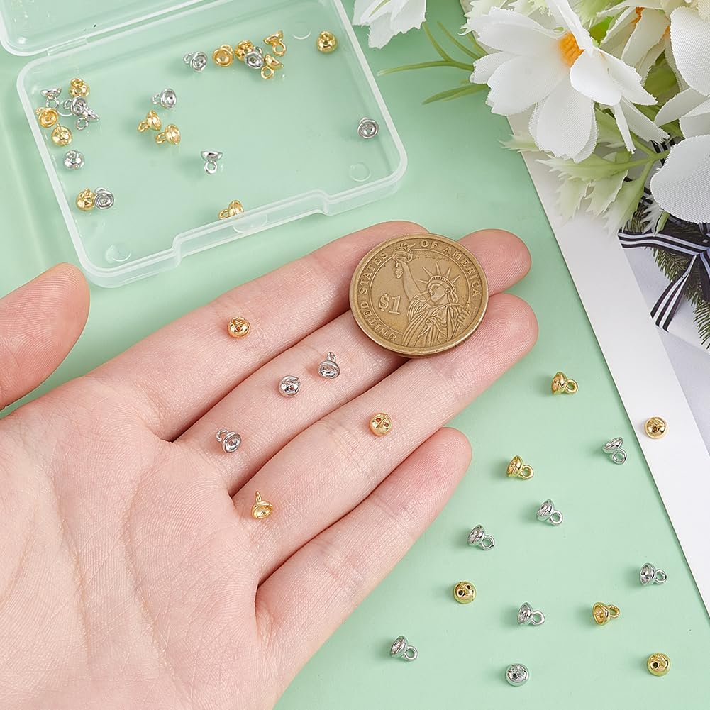 PH PandaHall Real 18K Gold Plated Eye Pin Bails Pearl Pendant Connector 40pcs 2 Colors Brass Bead Cap for Pearls Jewelry Making Pendant Bails Ornament Caps 4mm,Golden&Silver Hole: 1.4mm