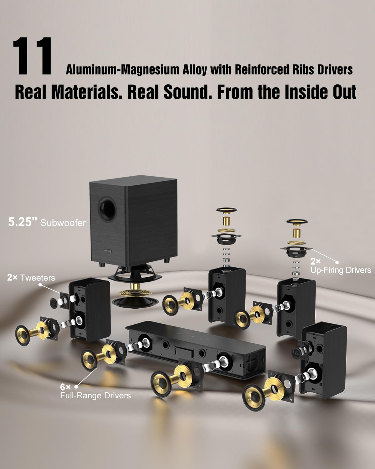 Drewniane soundbary 5.1.2, 4 głośniki surround, moc szczytowa 400 W, system dźwięku przestrzennego głośnika telewizyjnego, soundbar do Smart TV z subwooferem, głęboki bas, system kina domowego ARC/OPT