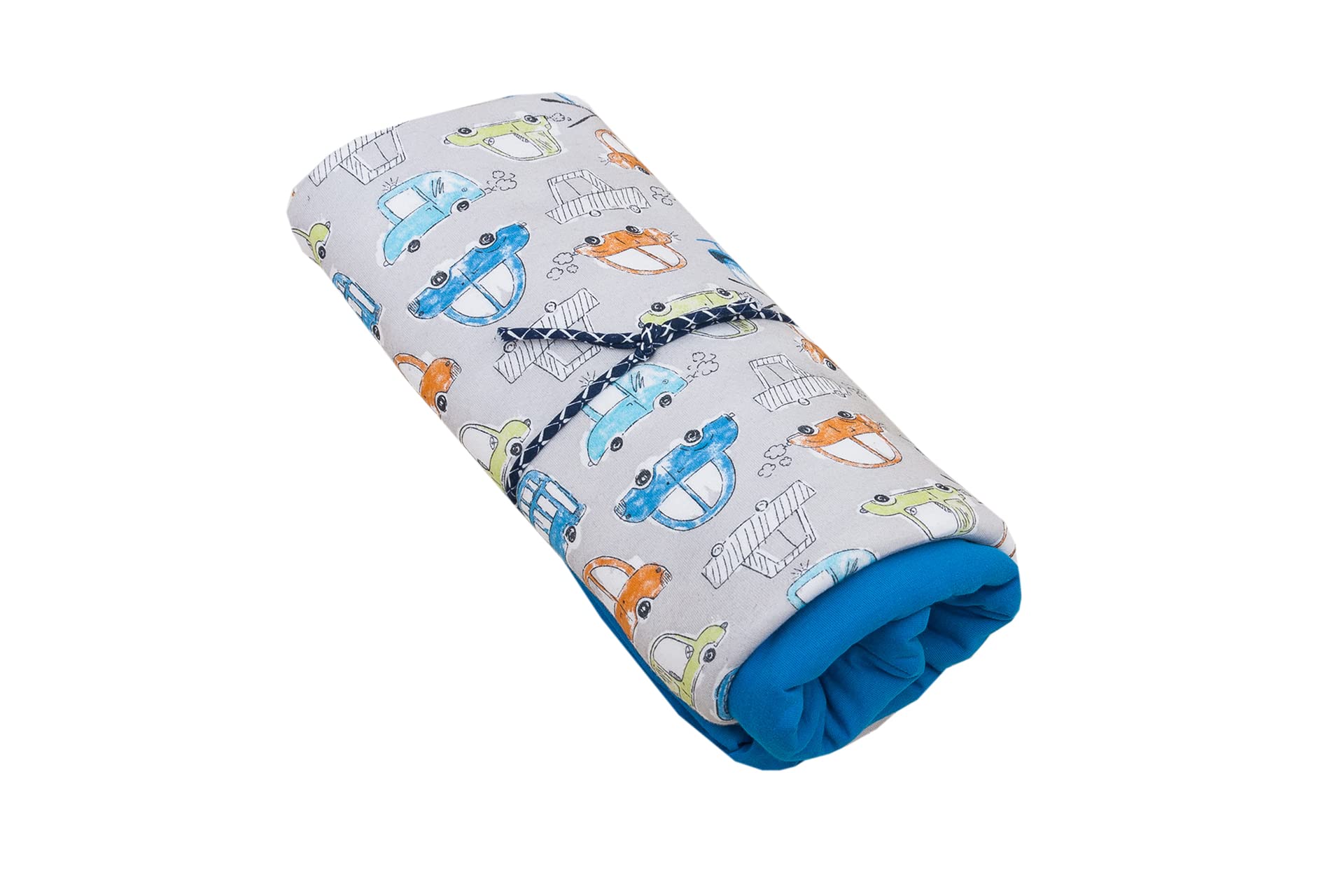Duo, tessuto jersey da cucire, 92% cotone, 8% elastan, tessuto per bambini, jersey di cotone, motivo: automobili + blu, 2 x 200 cm x 160 cm, prezzo base per m² = 6,24