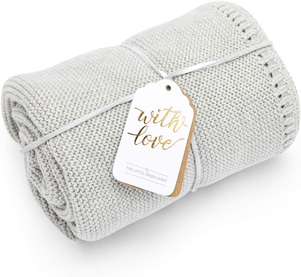 The Little Green Sheep Organic Knitted Cellular Baby Blanket, Dove, 75x75 cm