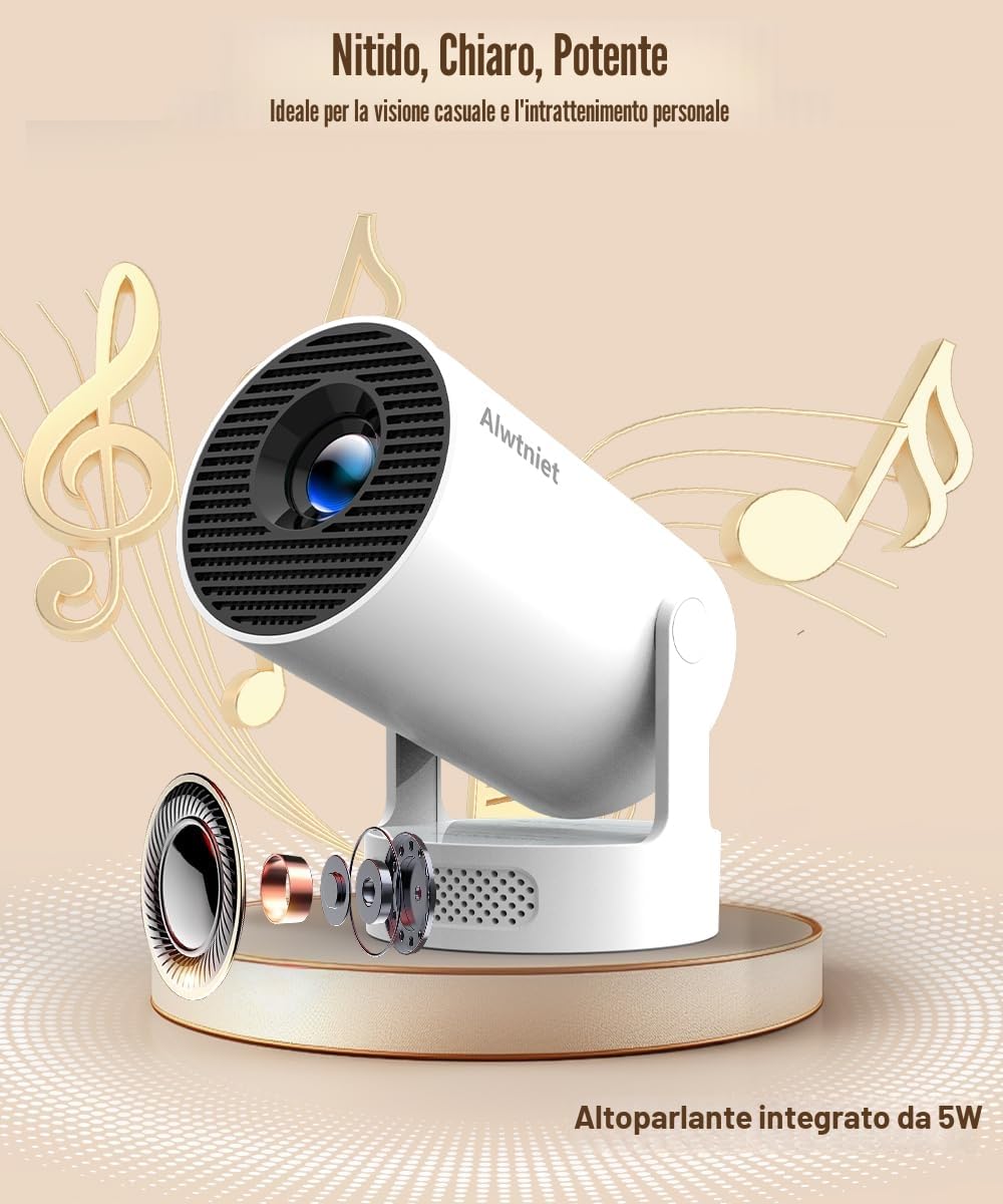2026 HY300Pro+ Mini Proiettore 4K con Wi-Fi 6 e Bluetooth 5.4, Altoparlante Soundbase da 5W, Correzione Trapezio Verticale Automatica, Rotazione a 180°, Proiettore Portatile per Casa e Esterno