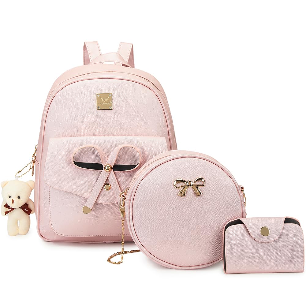 MACCINELO Cute Leather Mini Backpack Purse for Women Bowknot Small Backpack for Girls gift Rucksack Ladies Shoulder Bag 3pcs