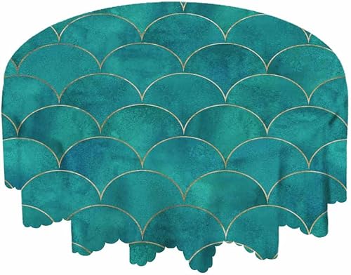 Miniatura 2 de Yibeas Manteles redondos de sirena con diseño de escamas de pez y ondas, 60 pulgadas de diámetro, acuarela, verde azulado oscuro, turquesa con
