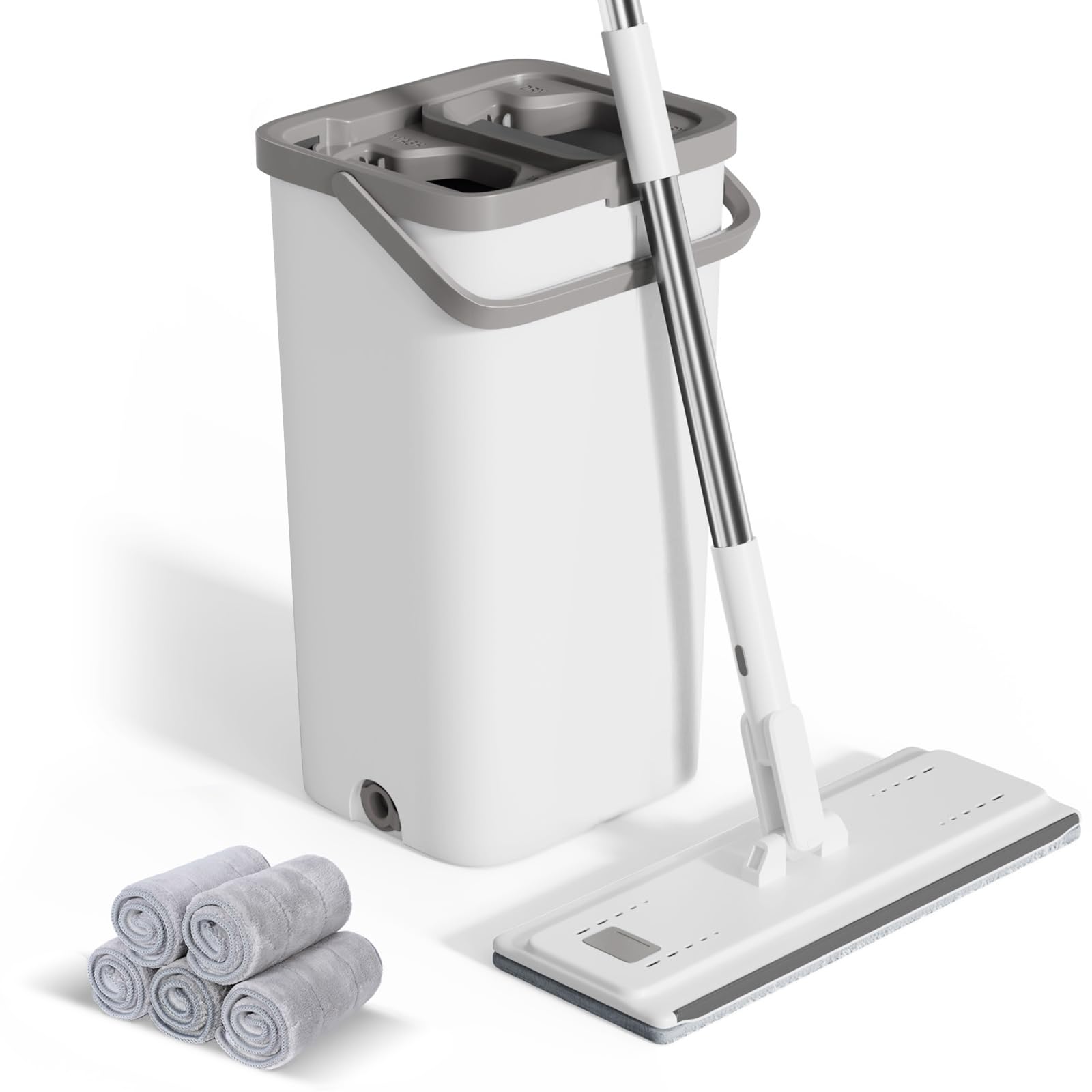 Mopa giratoria 360° con cubo, 2 en 1, cubo escurridor, microfibra, fregona plana, con 5 mopas reutilizables, mango de acero inoxidable, para limpiar todo, blanco