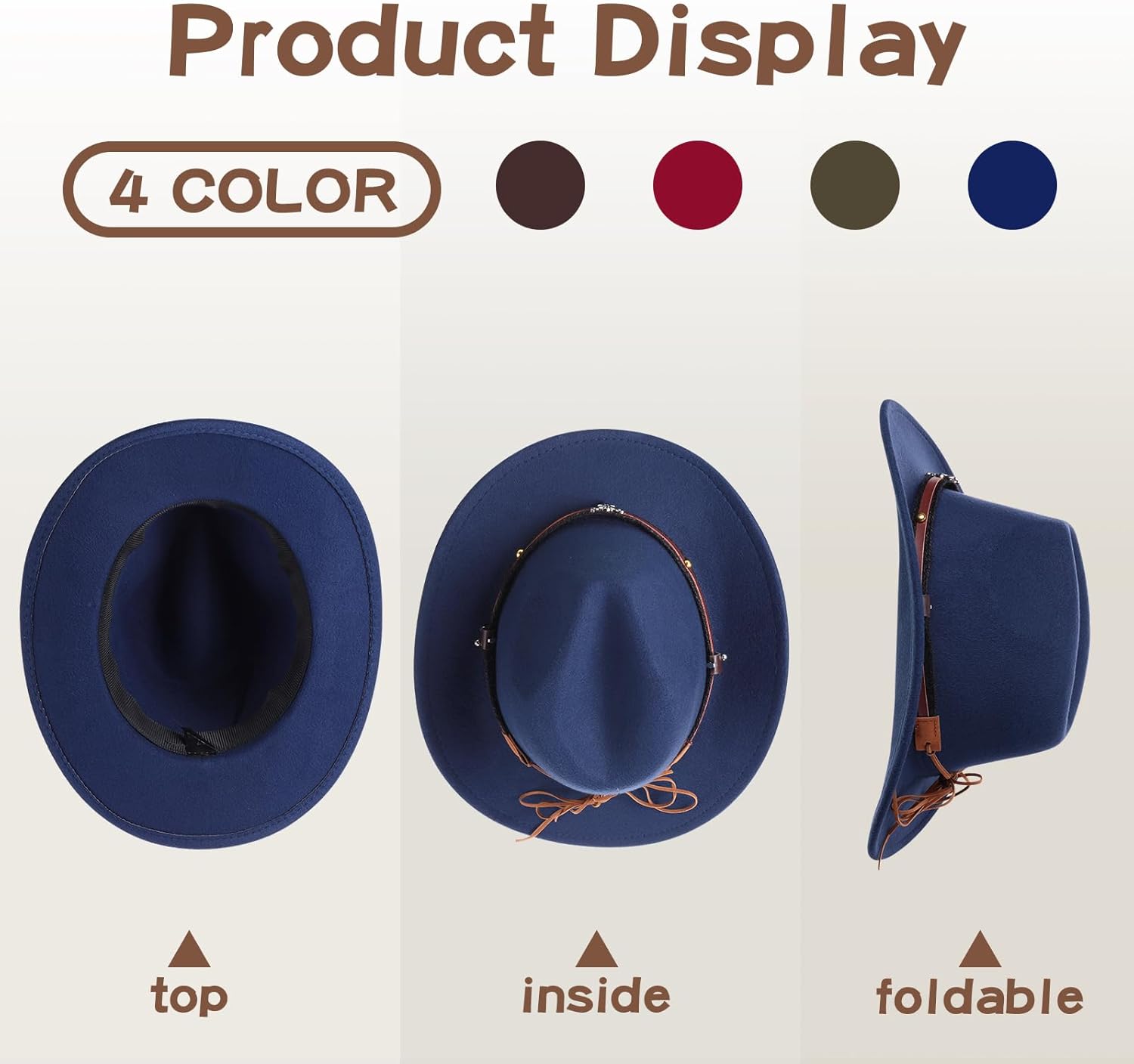 Foaincore 4 Pcs Cowboy Hat for Women Men Western Cowboy Cowgirl Hat with Belt Buckle Wide Brim Travel Cap for Halloween - Image 4