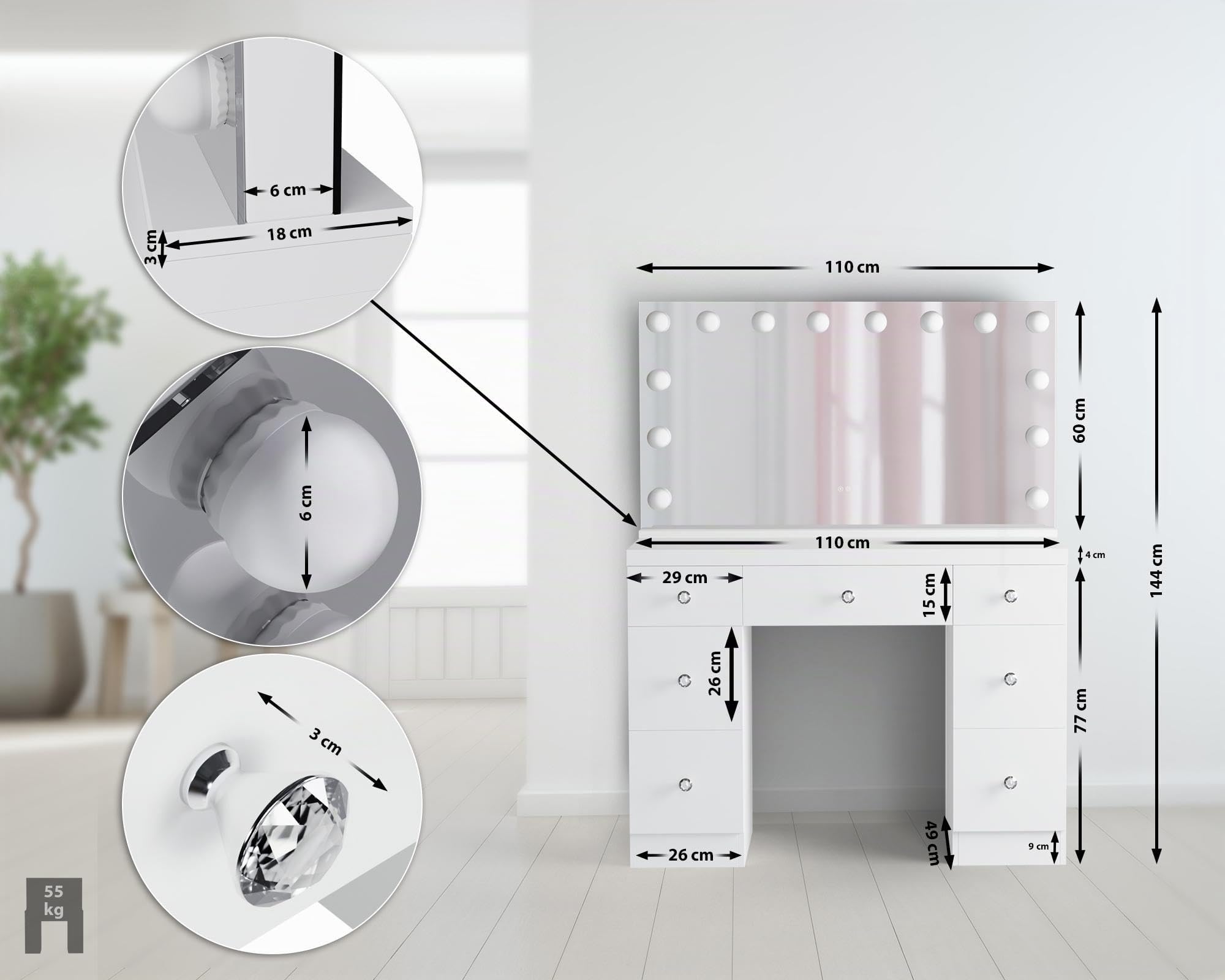 Coiffeuse Lerona avec Miroir Hollywood et éclairage LED, Table de Maquillage avec 7 tiroirs, Prises USB, Design Moderne, Couleur Blanc