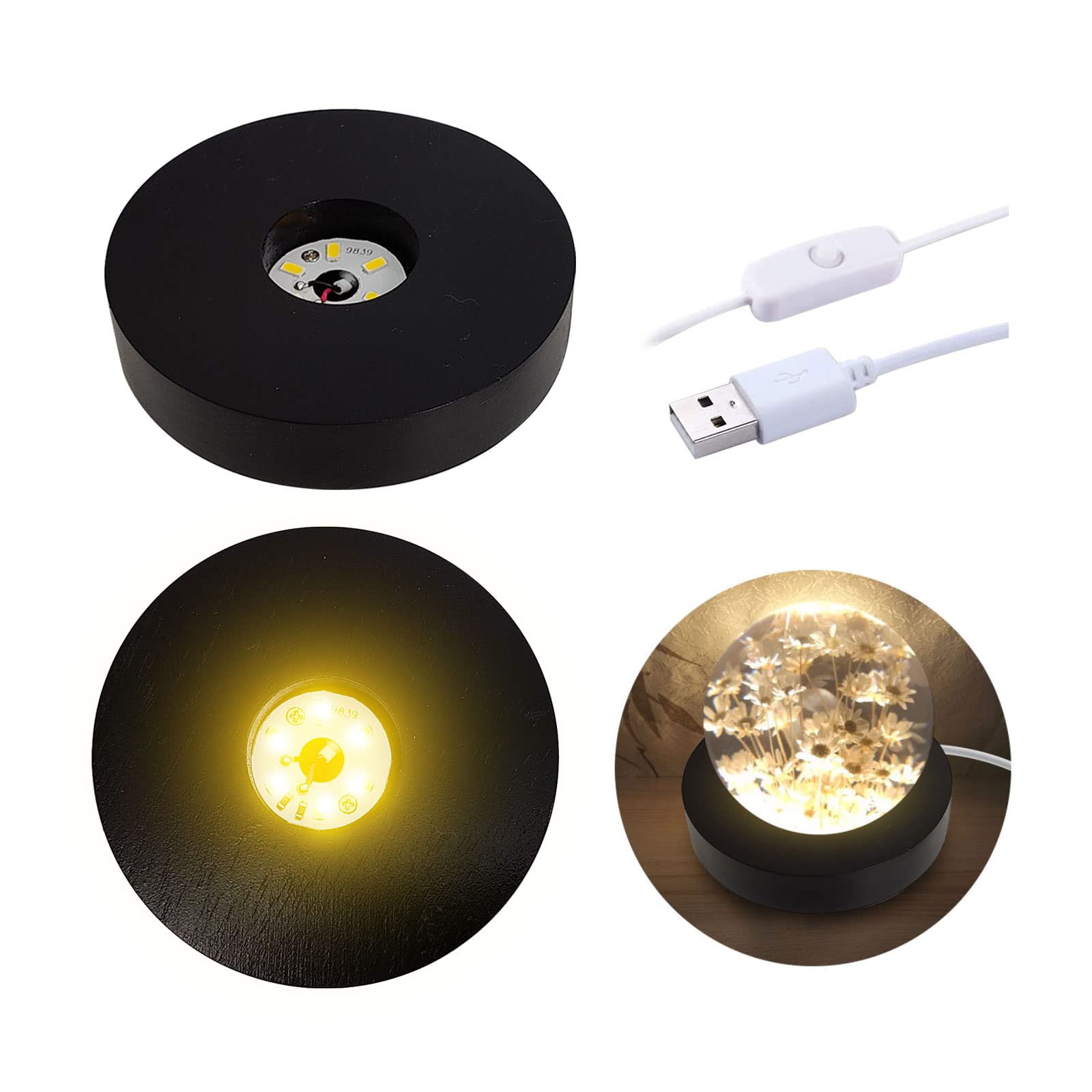 luolety Wooden LED Light Base Display Base, USB Wood Light Display Base Crystal Glass Light Base Stand for 3D Crystal Glass Resin Art (Black-Warm Light,2pcs)