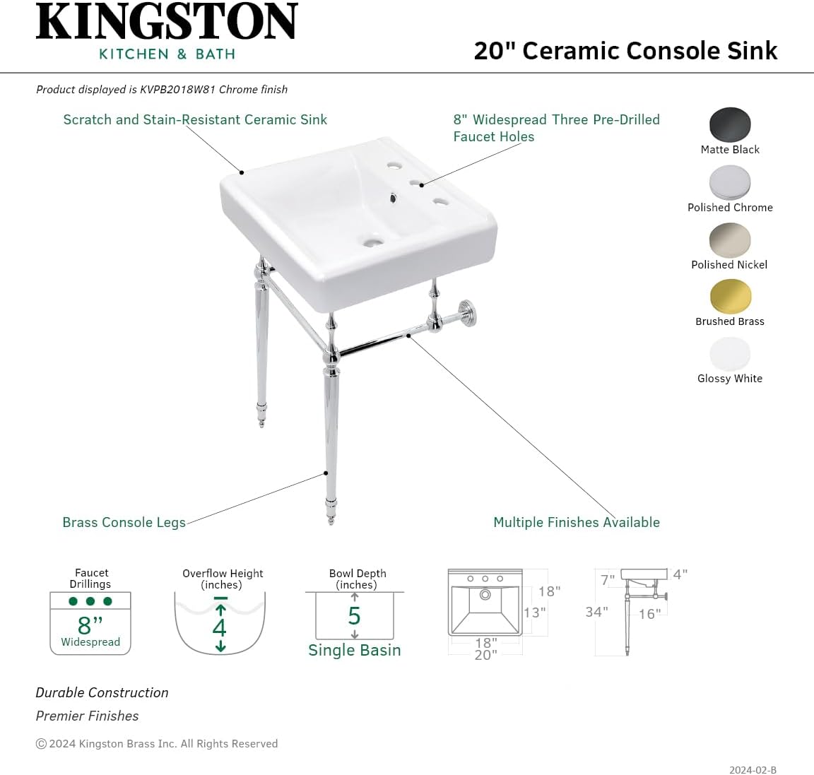 Kingston Brass KVPB2018W86 Edwardian Console Sink, Polished Nickel, 20 x 18 x 33.56
