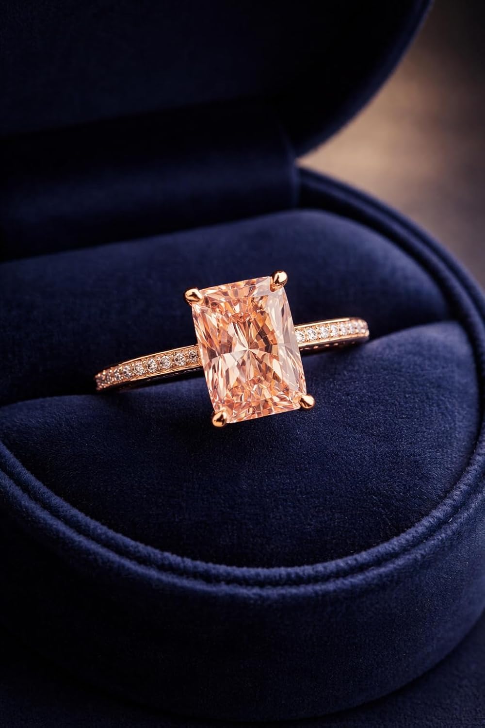 Radiant Cut Peach Morganite Engagement Ring for Women 14K Rose Gold Pavé Diamond Solitaire Ring Valentine’s Day Fine Jewelry Gift