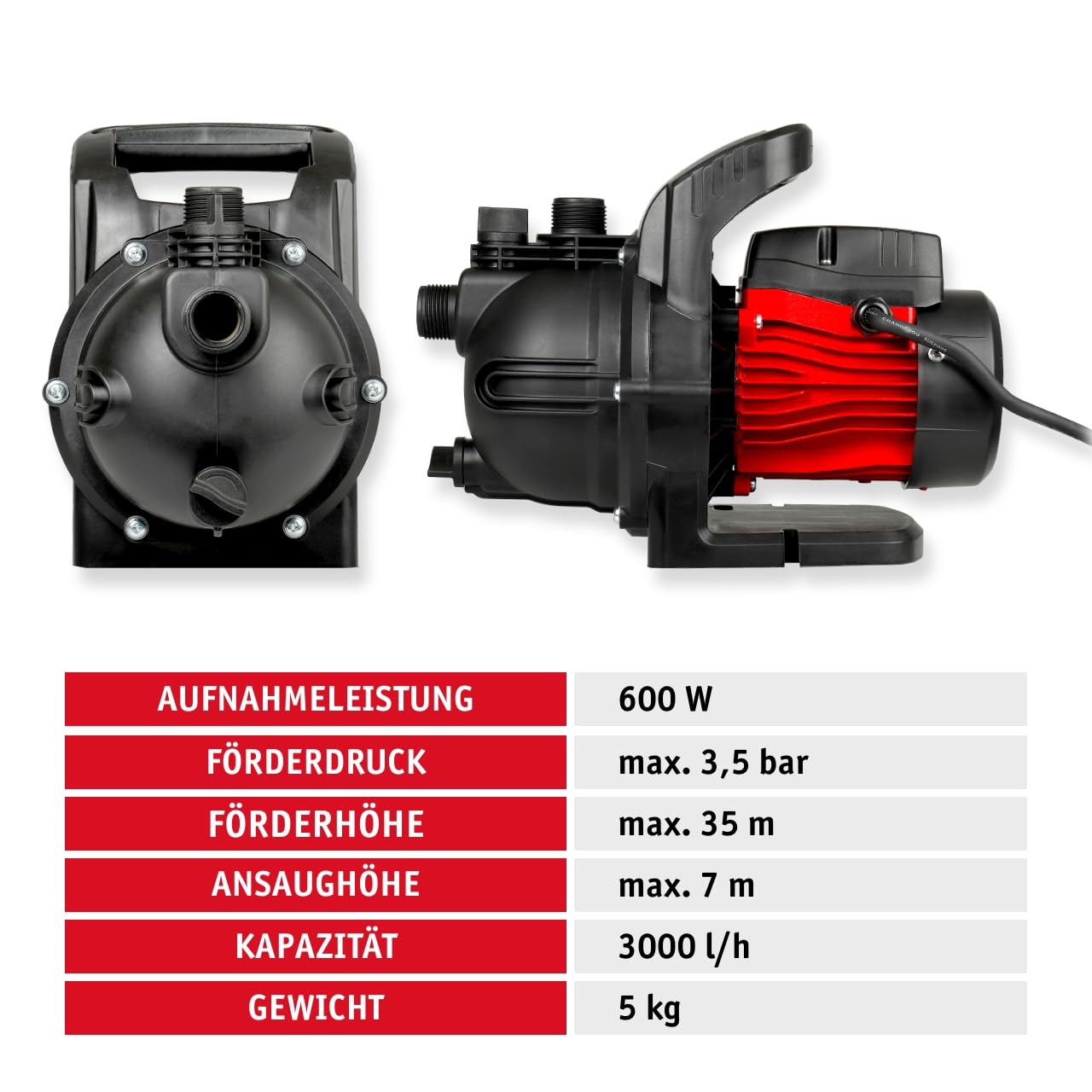WALTER Gartenpumpe 600 W - Geräuscharmer Hochdruck-Wasserpumpe, 3000 l/h Kapazität, 35 m Förderhöhe - 3,5 bar Druck - Ideal für Pool, Kellerentwässerung & Gartenbewässerung