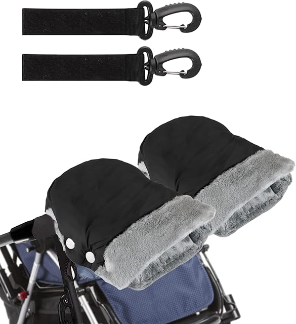 Pram Hand Muff, Stroller Warmer Gloves Thick Plush Pushchair Hand Gloves Waterproof and Windproof Baby Pushchair Hand Muff with Stroller Hook for Baby Carriage Trolley Bike