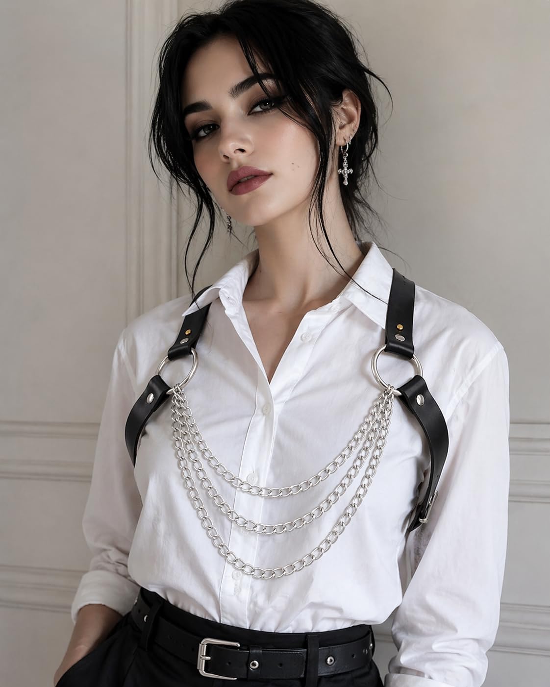 Gothic Chain Harness Chest for Women, Leather Harness Top, Soft Faux Leather Punk Chest Body Strap for Concert, Cosplay, Halloween, Party & Layered Outfits
