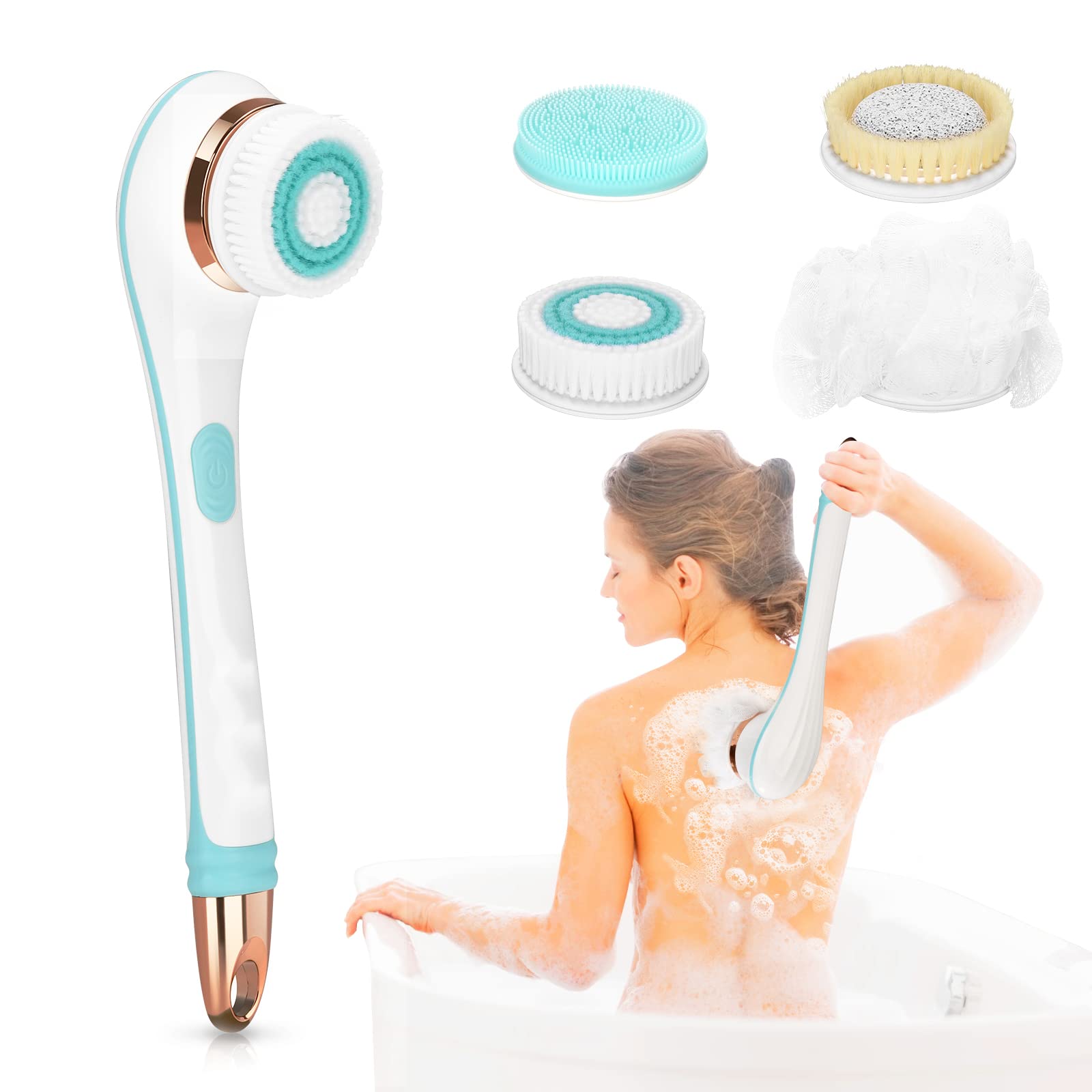 Jalann Electric Body Brush, Rechargeable Electric Body Scrubber with Long Handle, Waterproof Facial Body Exfoliating Brush Kit with 4 Brush Heads for Cleansing, Massage, Care Your Skin in The Shower