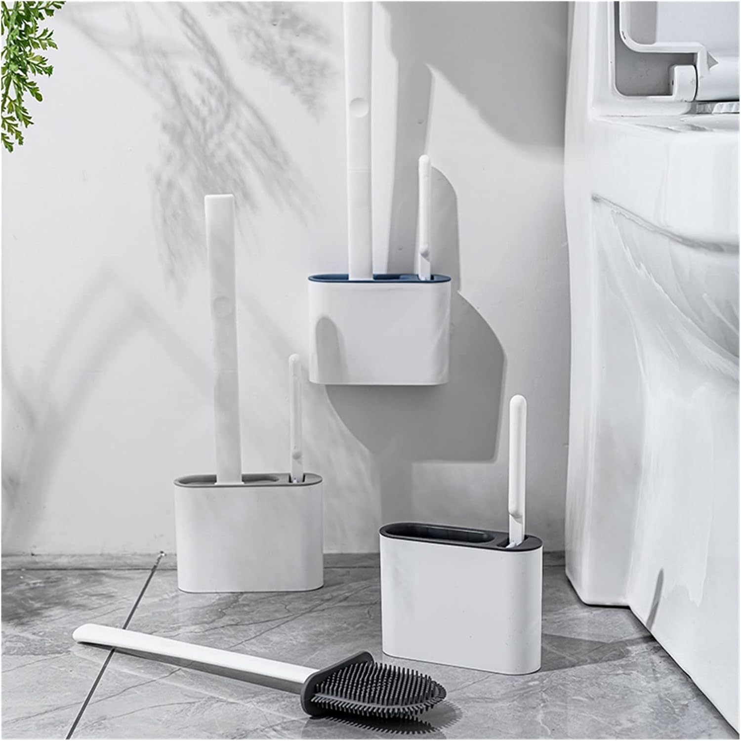Wall-Mounted Silicone Toilet Brush Cleaning Brush Toilet Cleaning Long-Handled Soft Bristles Bathroom Brush Toilet Brush Holder(Dark Gray)
