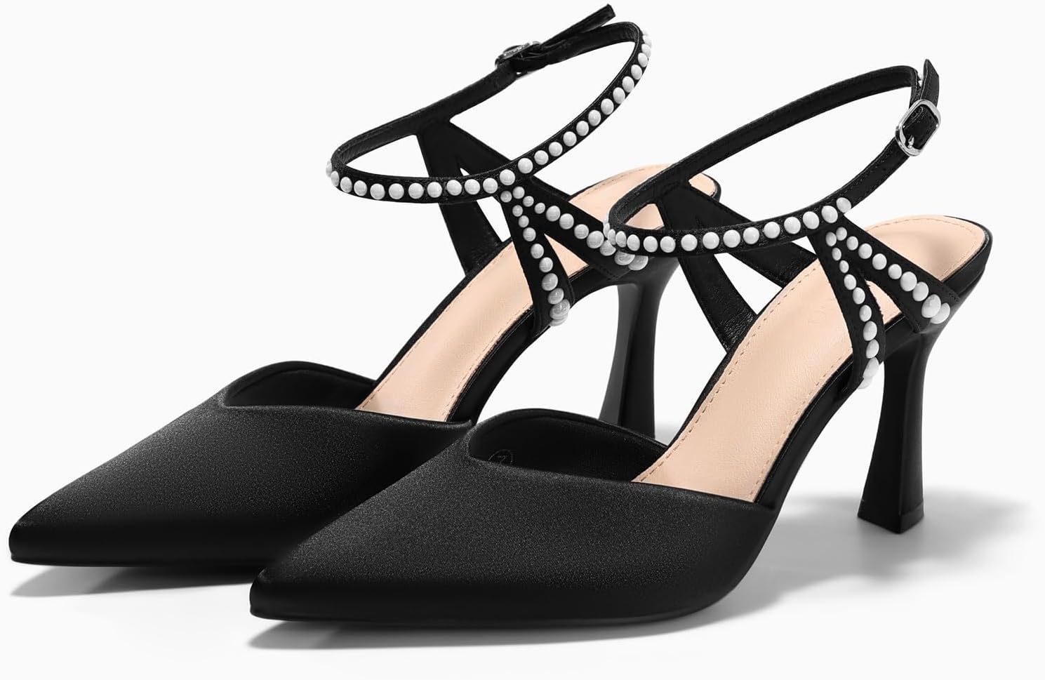 Coutgo Womens High Heels Closed Pointed Toe Satin Pumps Pearl Ankle Strap Wedding Party Dress Shoes - Image 6