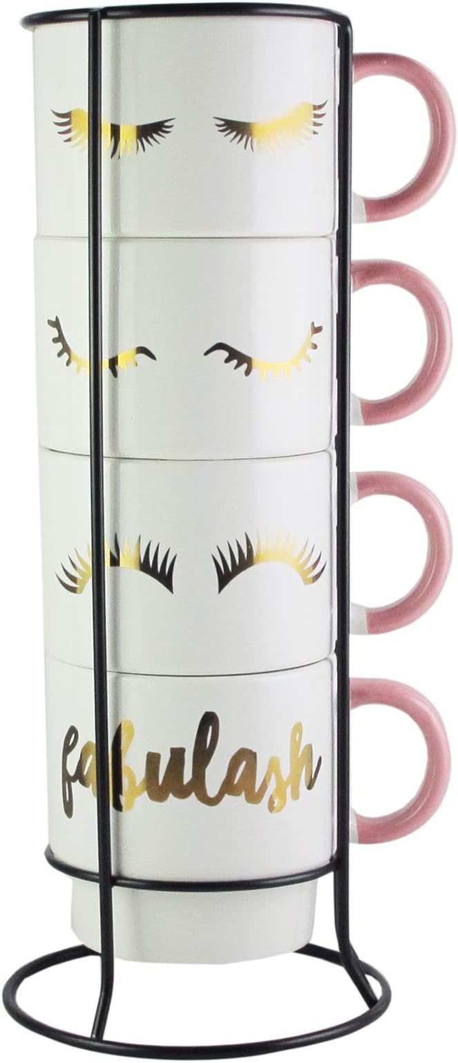 American Atelier Ceramic Mug & Rack Set – [4] 14-Ounce Cups & Standing Metal Rack for Kitchen Countertop, Tabletop, Island or Café Display – Perfect for Tea & Coffee Lovers - Fabulous Design