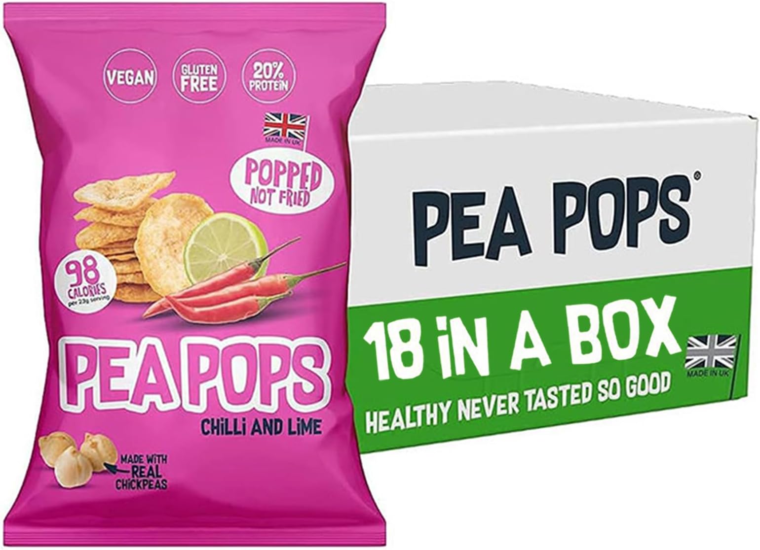 Food Factor Pea Pops Healthy Protein Chips - Delicious Chikpea Crisps 20% Protein Less Fat, Low Calorie, Gluten Free, Vegan Protein Snacks, Popped (Not Fried) 23g (Chilli & Lime, Pack of 18)