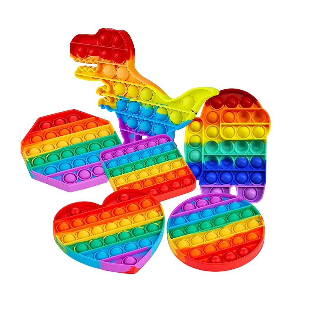 6 Pack Rainbow Push Bubble Sensory Pop Fidget Dimple Toys Game Cheap， Kid Adult Gift Autism ADHD Asmr Autistic Anxiety Stress Relief, Teen Bulk Figetget Satisfying Set Things, Square Circle Hexagon