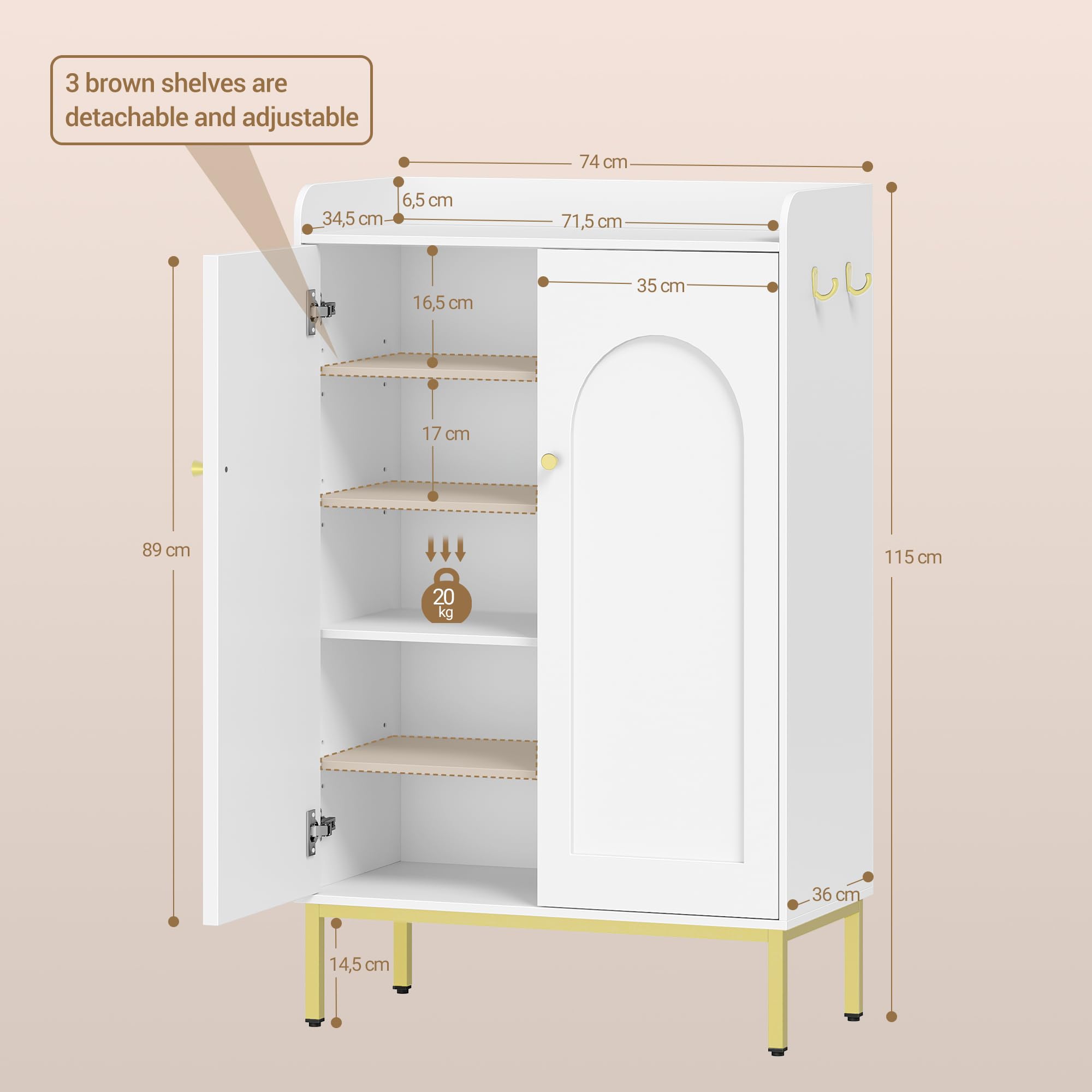 Hzuaneri Meuble à Chaussures 5 Niveaux, 16-20 Paires, Blanc | Armoire à Chaussures, Séparateur Réglable, Poignée Dorée, Grande Capacité pour Entrée, Couloir, 36 × 74 × 115 cm, SR67803A