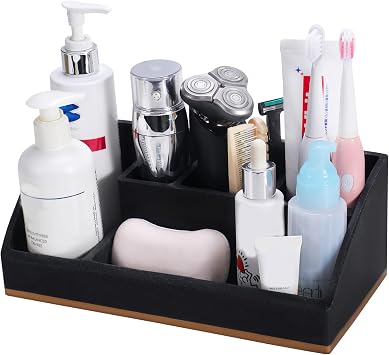 Toothbrush Holder for Bathroom, Aimou Bathroom Organizer Countertop Bathroom Accessories with 5 Compartment Storage for Bathroom/Vanity, Cotton Ball, Cotton Swab, Floss, Black
