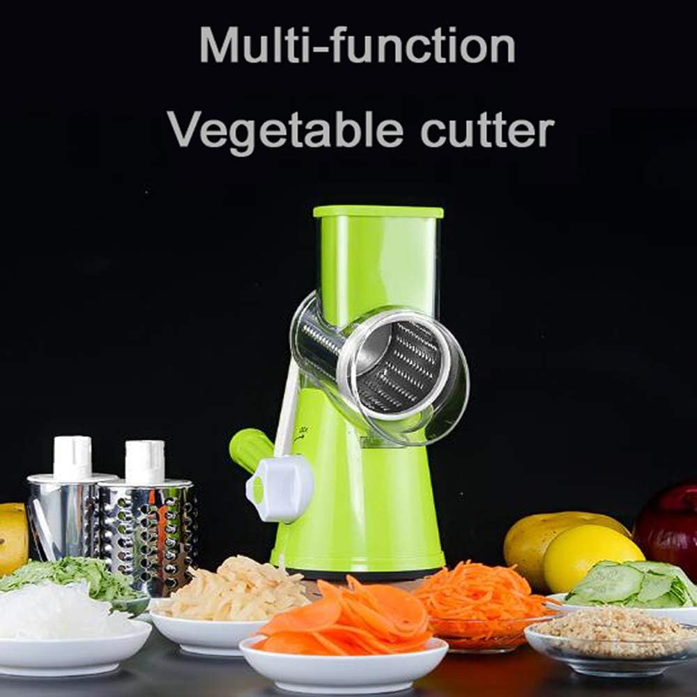 Multi-function vegetable cutter Hand drum rotary shaper, with 3 stainless steel blades, very suitable for potato grater, vegetable slicer, cheese grinder(green)