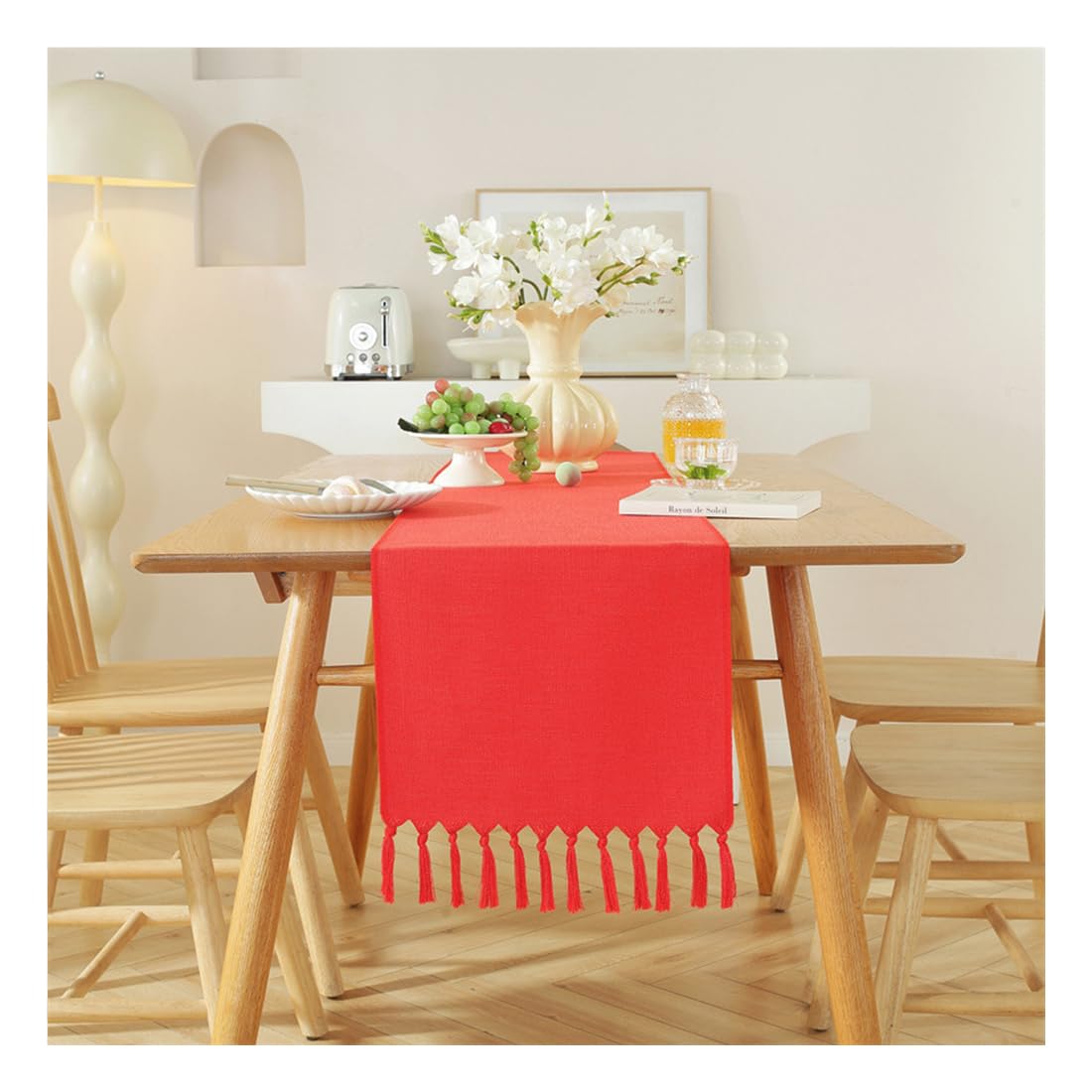 NIUSABOU Kitchen Dining TableDecoration, Solid Color Table Runner With Fringe, Coffee Cover, Multicolor, 33x(92-275) cm(Red,33x228cm(12.9x89.7in))