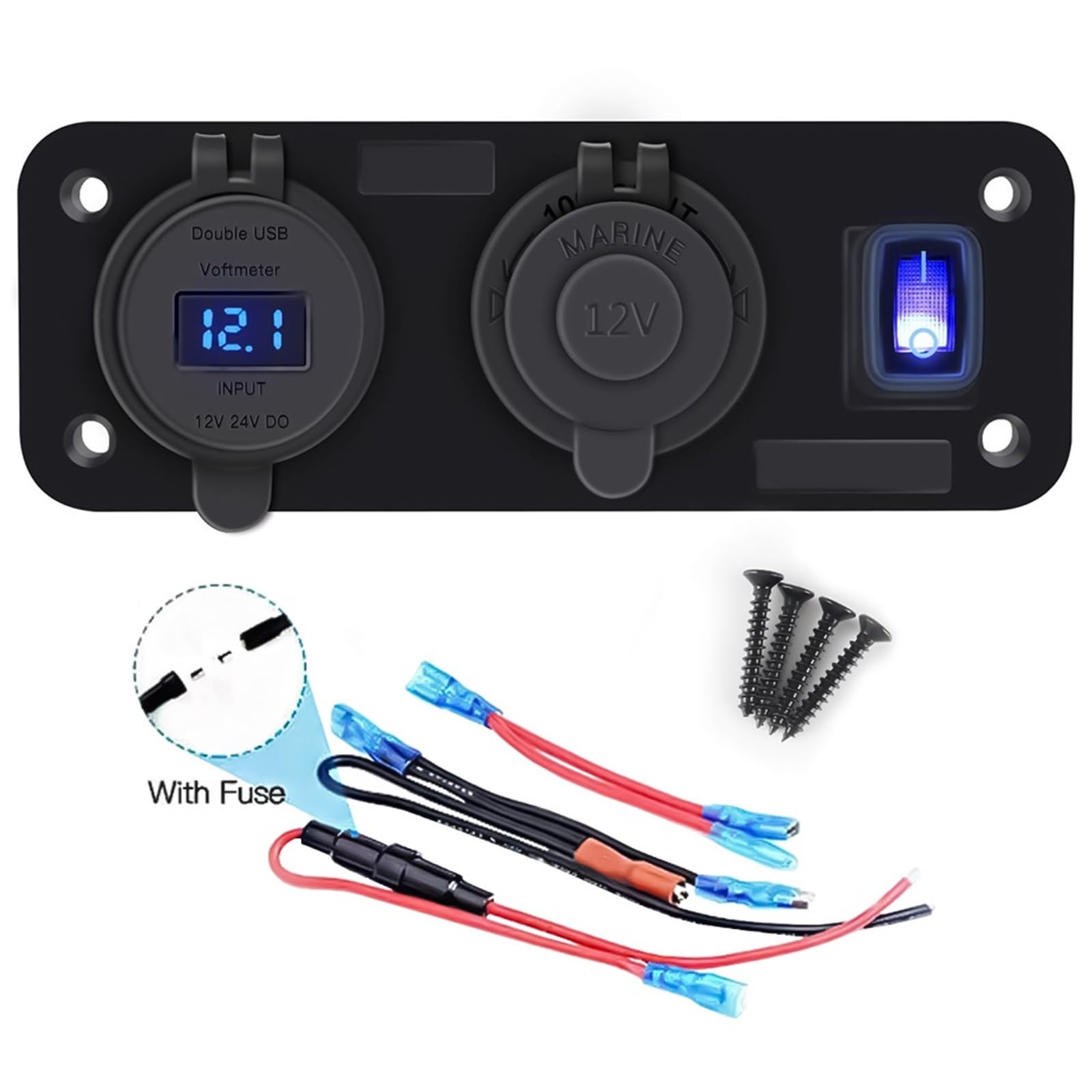 Chargeur rapide double USB, panneau multiport, répartiteur allume-cigare avec voltmètre, interrupteur for voiture, moto, bateau(Red Light)