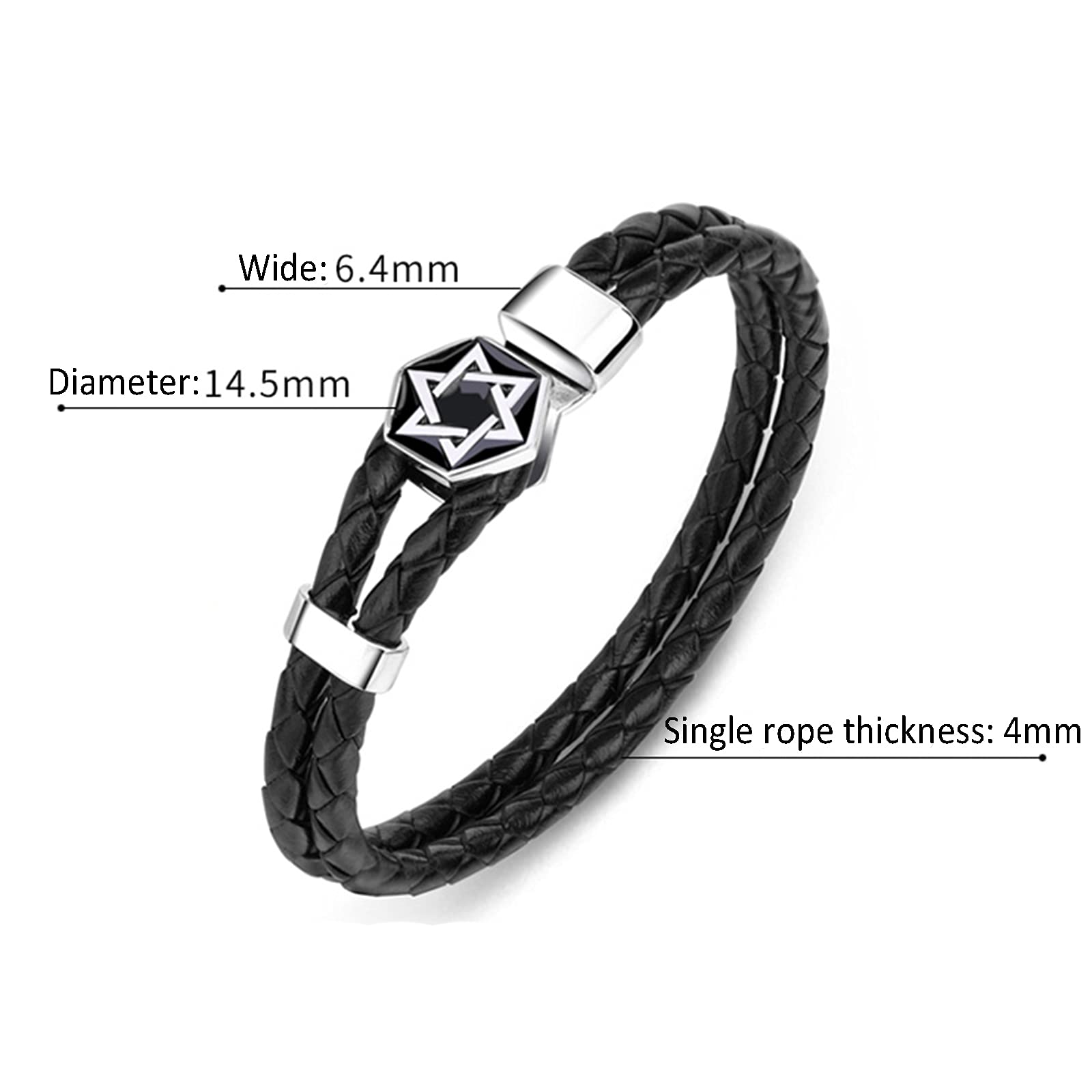 Pulsera trenzada de cuero de la PU de las PU de los hombres de los hombres - Pulsera de estrella de esterlina de 925 de la plata esterlina a mano, pulsera de cierre de estrella de seis puntas, longitu