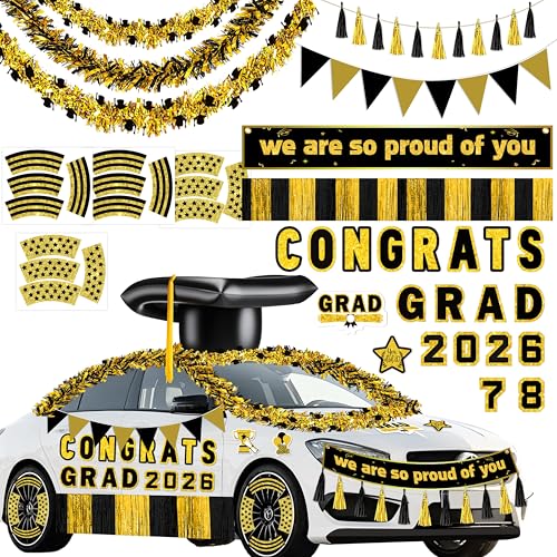 34pcs Graduation Car Decorations 2026 Inflatable Grad Cap with Black Gold Magnets Tinsel Garlands Banners Kit for Class Set of 2026 Party Parade Float Indoor Outdoor Hanging Decor