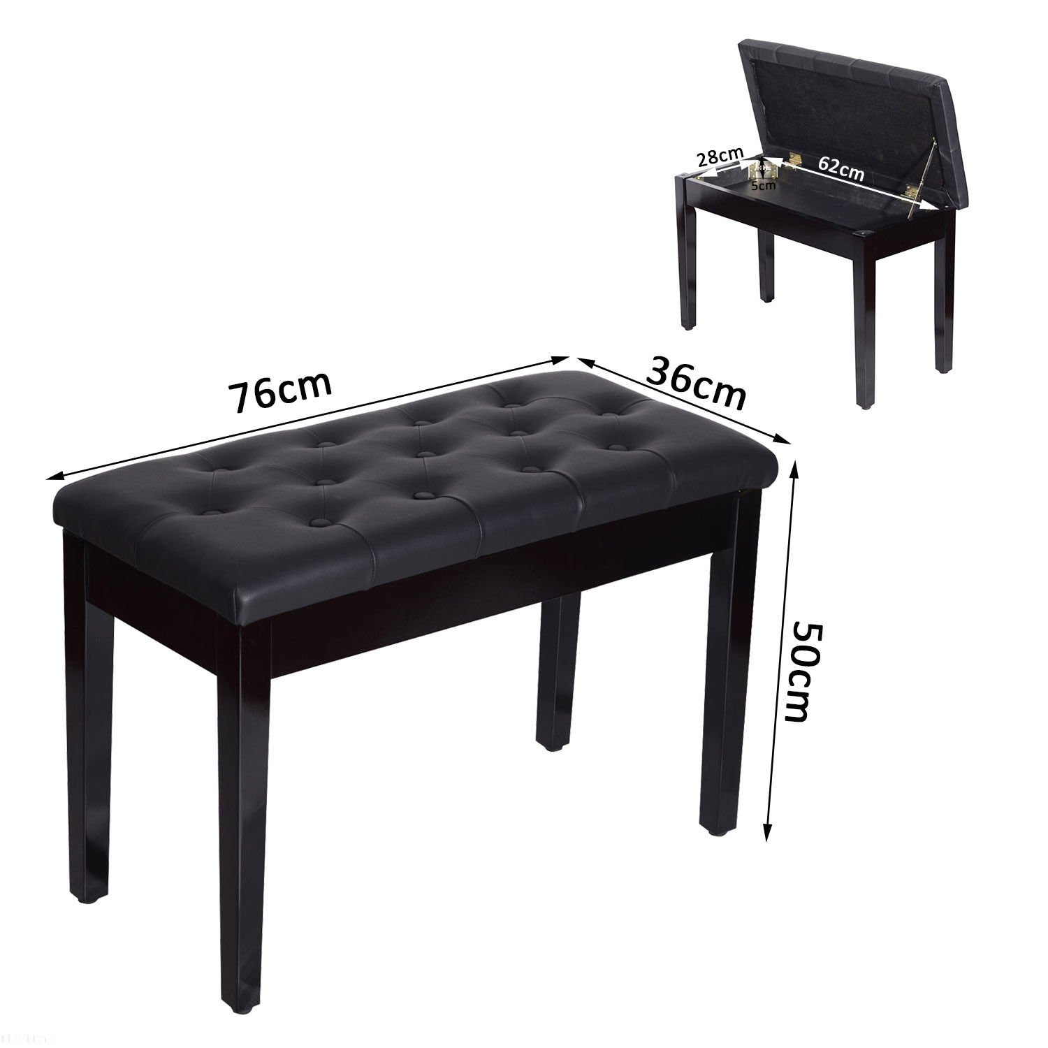 HOMCOM Banco de Piano con Almacenamiento, Banqueta de Piano con Asiento de Cuero Sintético, Patas de Madera, Carga Máxima 200 kg, 76x36x50 cm, Negro