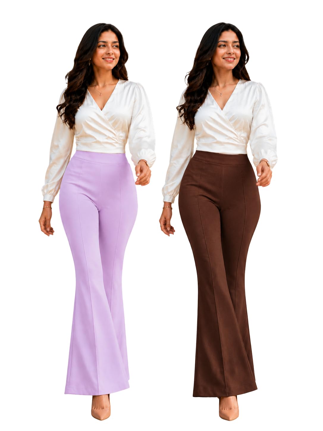 Pack of 2 Women's High Waist Bell Bottom Pants | Flared Bootcut Trousers | Stretch Palazzo Wide Leg Pants | Casual Formal Office Wear Bottom for Women