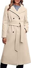 Fisoew Women Double Breasted Coats Long Winter Work Office Overcoat Pocketed Outwear with Belt