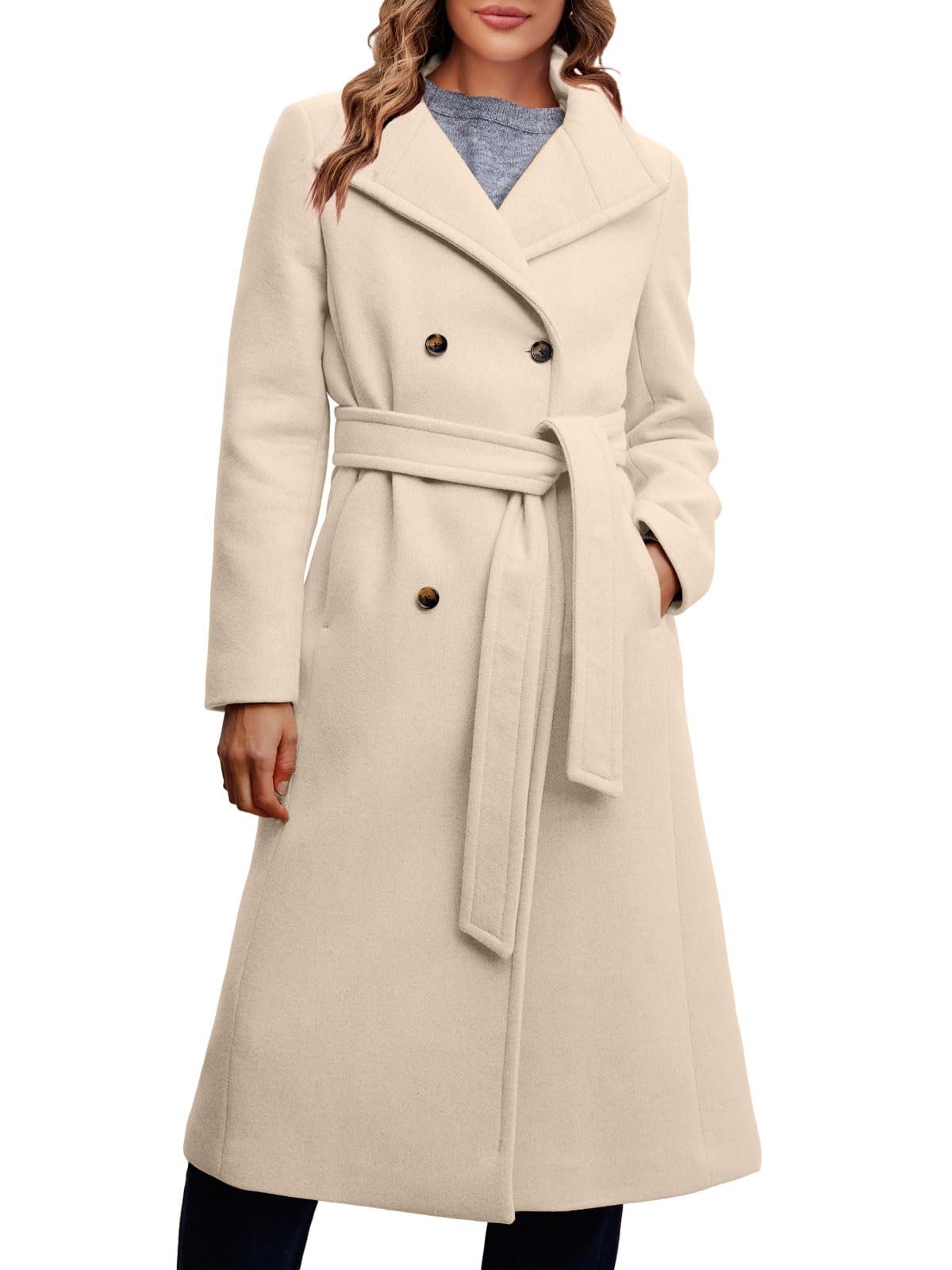 FisoewWomen Double Breasted Coats Long Winter Work Office Overcoat Pocketed Outwear with Belt