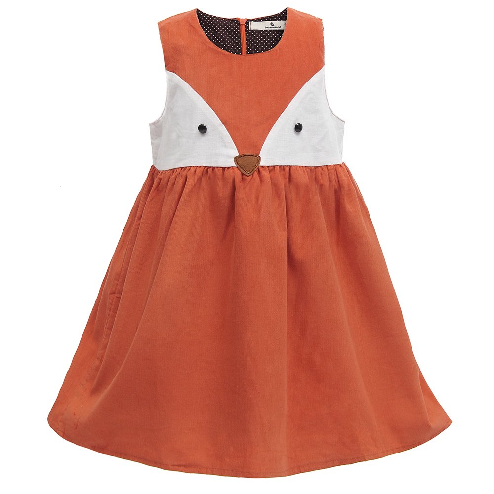 Sweet Girls Fox Dress Spring Fall Corduroy Ruffles Cartoon Cotton Dress