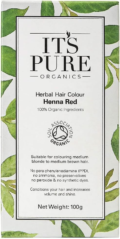 It's Pure Organic Henna Hair Dye in Henna Red | Permanent 100% Natural, Vegan, & Gluten Free | PPD Free Hair Dye, Ammonia Free, Resorcinol Free, & Peroxide Free | Volumising & Strengthening |