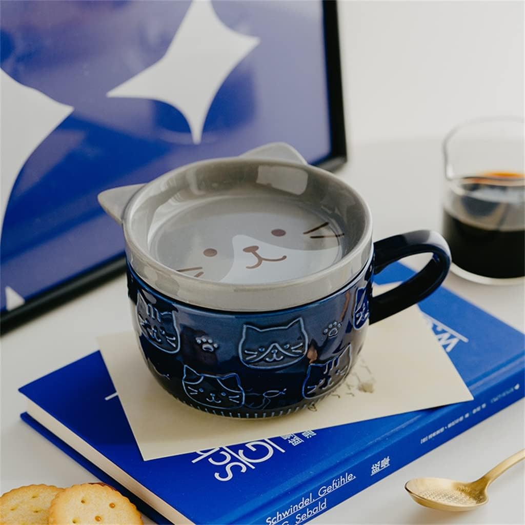 Ceramic Cartoon Cat Mug Cute Breakfast Milk Coffee With Lid Couple Cup(D)